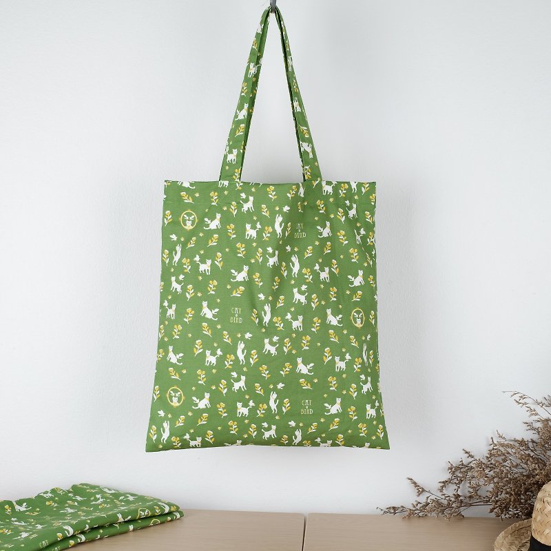 Cat & Bird Cotton Tote Bag (Limited Edition) - Messenger Bags & Sling Bags - Cotton & Hemp Green