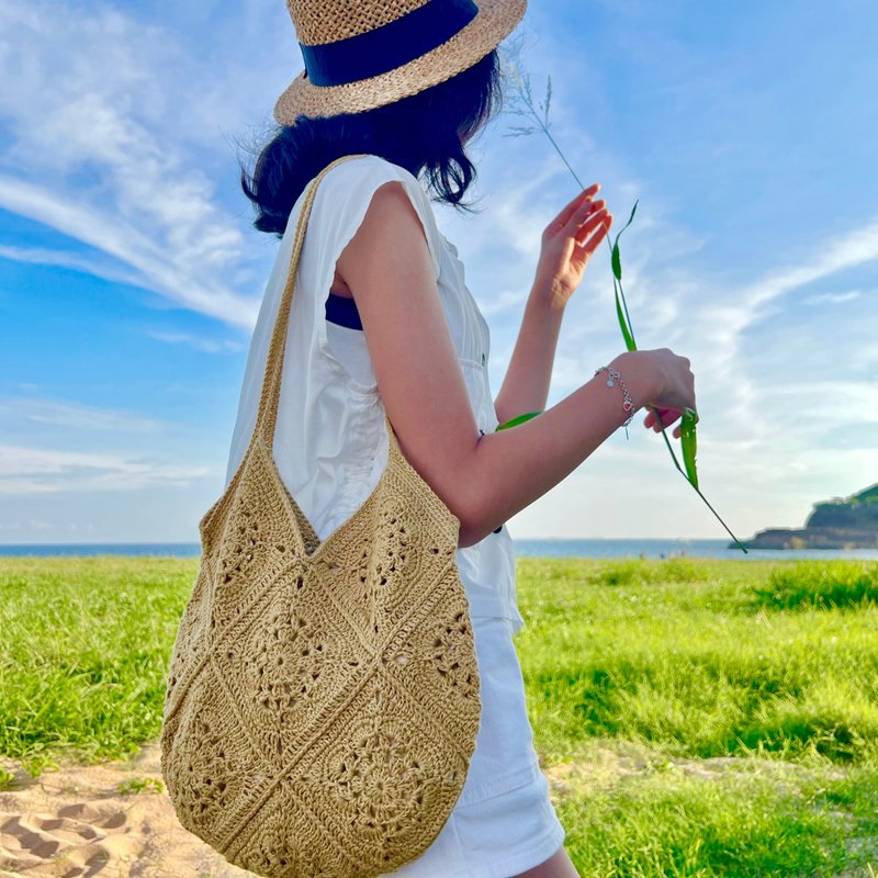 海風吹拂・鉤花拼接水滴包 編織包  側背包/斜背包 - 側背包/斜背包 - 棉．麻 