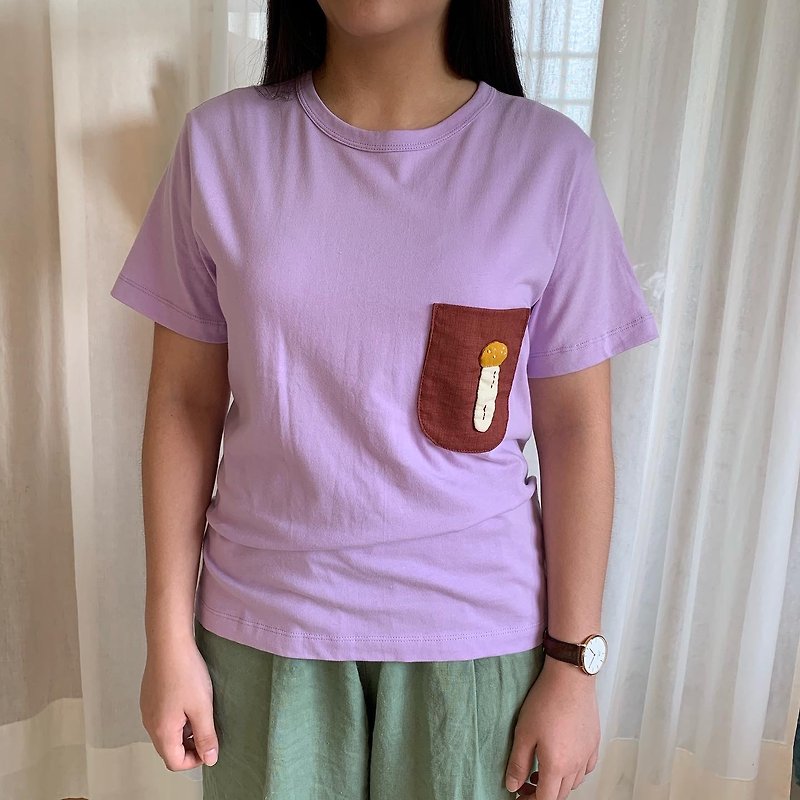 黃蘑菇短袖上衣/薰衣草紫底 - T 恤 - 棉．麻 橘色
