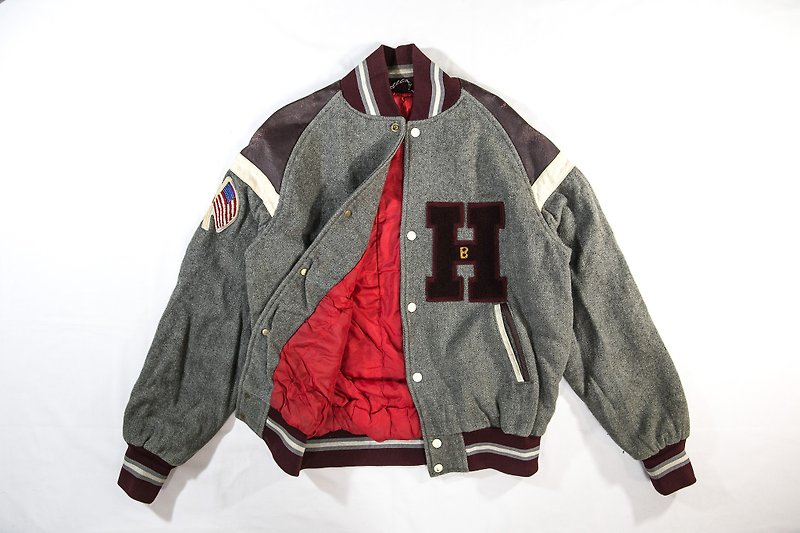Leather sleeves vintage baseball jacket color matching shoulders vintage BSE-008 Japan - เสื้อโค้ทผู้ชาย - ผ้าฝ้าย/ผ้าลินิน สีเทา