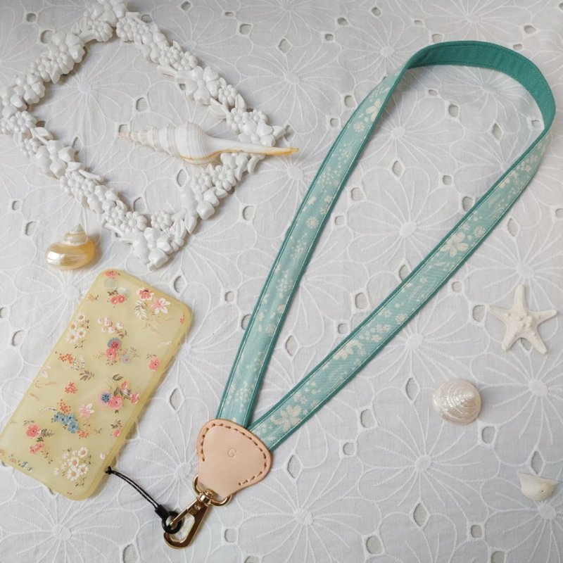 Lake green Y-shaped decompression two-color Korean fabric leather mobile phone neck lanyard - เชือก/สายคล้อง - ผ้าฝ้าย/ผ้าลินิน สีเขียว