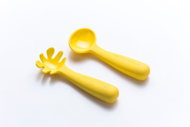 (台灣製造,專利設計) Farandole小麵撈&小湯匙聰明學習餐具組-黃 - 兒童餐具/餐盤 - 其他材質 黃色