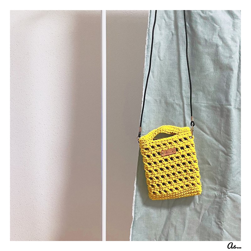 手工編織手機包 (黃色) - 側背包/斜孭袋 - 棉．麻 