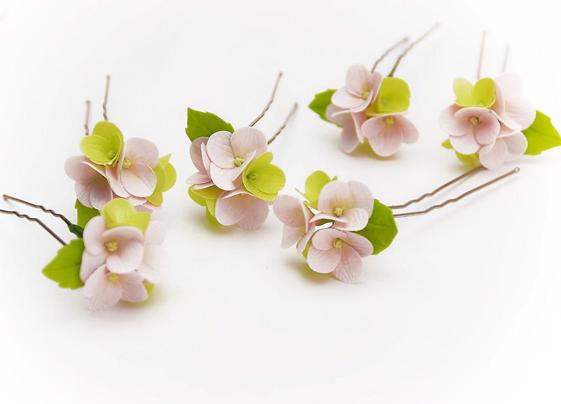黏土 髮飾 - Pink flowers hair pins (Set 4 ),  Wedding hair pins, Hydrangea flowers hair pins