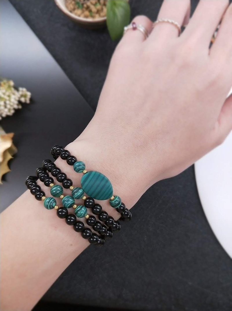 [108] series of black beads coral*Peacock Stone*Bronze beads multiturn bracelets - Bracelets - Gemstone Black