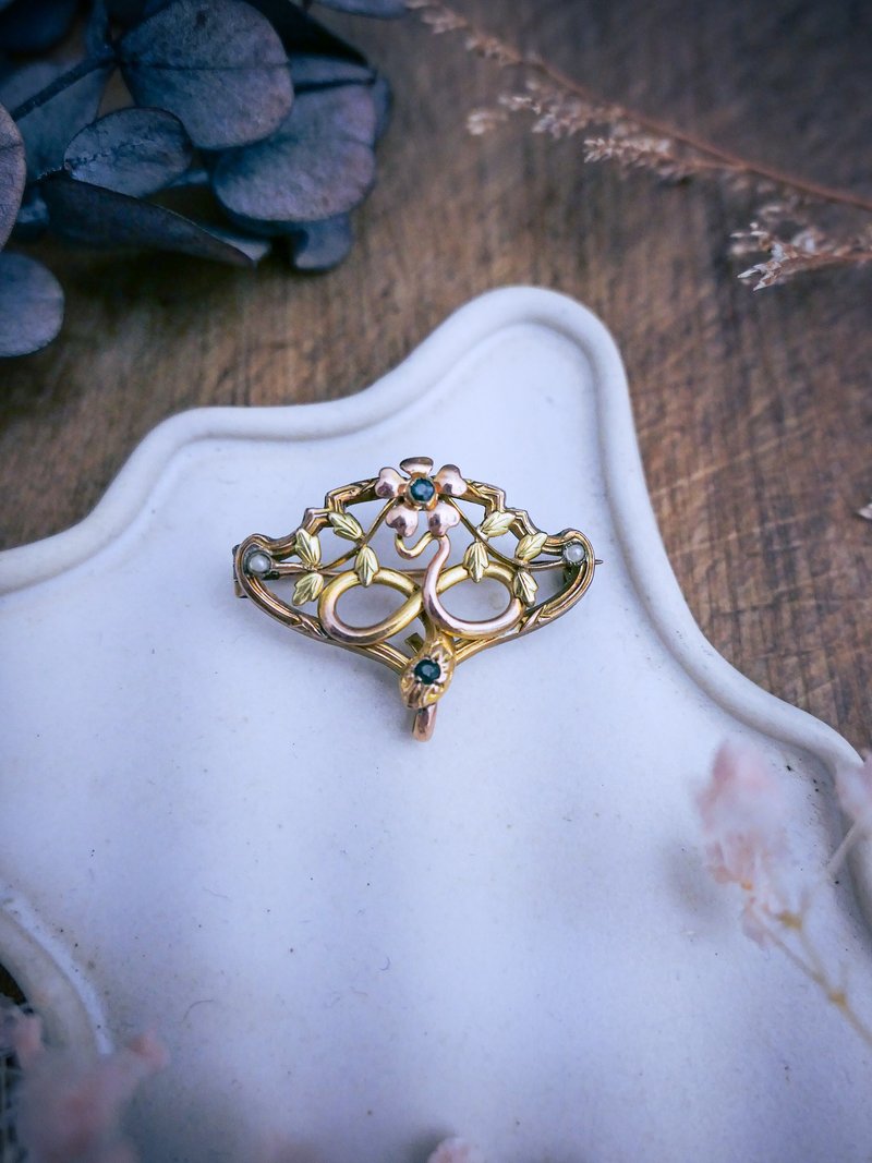 ORIA 法國新藝術 蛇與花雙色厚鍍金胸針—歐洲古董首飾 Vintage - 胸針 - 其他金屬 金色