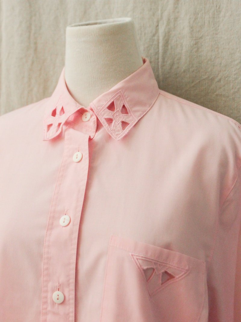 Retro European Summer Loose Elegant Geometric Openwork Embroidered Collar Pink Long Sleeve Vintage Shirt Top - Women's Shirts - Polyester Pink