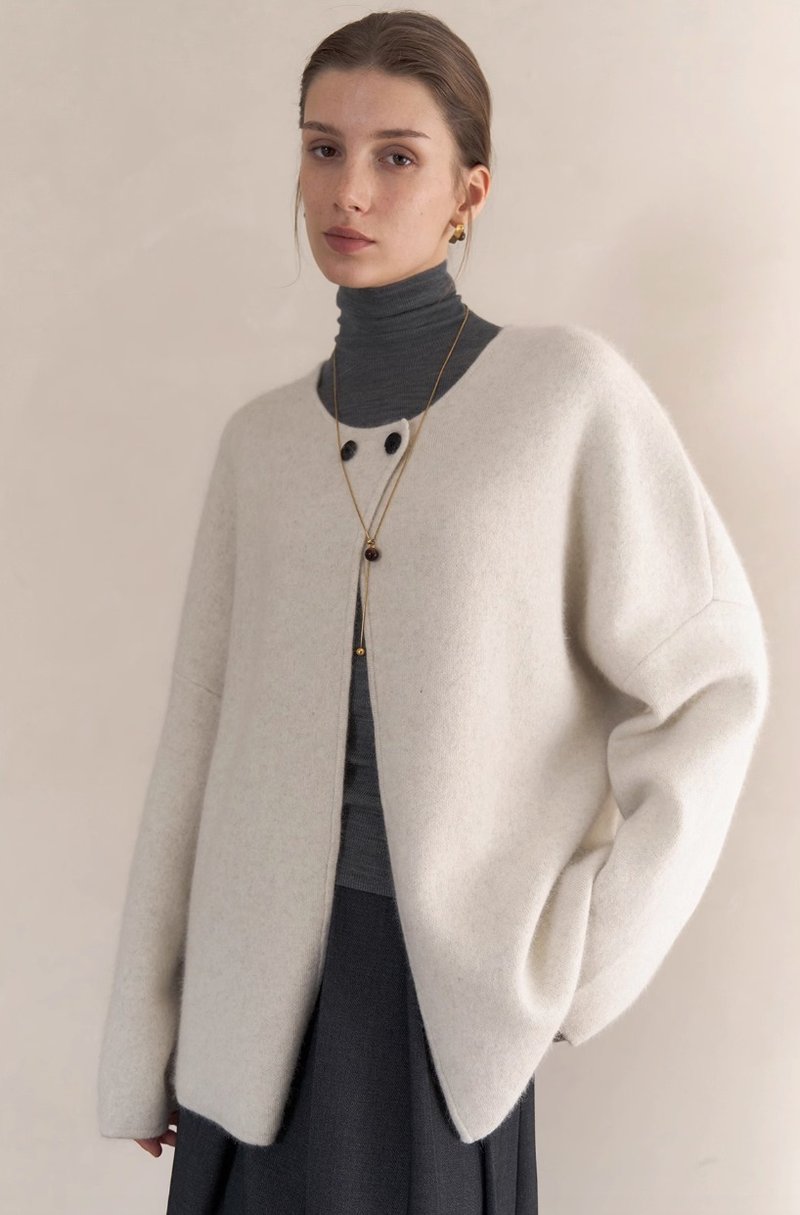 French Minimalist Raccoon Blend Knitted Cardigan Round Neck Sweater Jacket - Women's Sweaters - Other Materials Multicolor