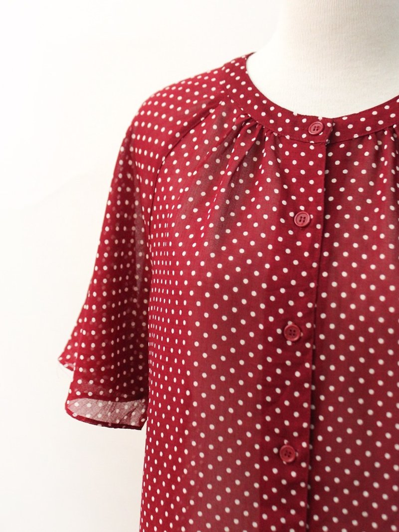 Retro Japanese Short Sleeve Red White Vintage Shirt Vintage Blouse - เสื้อเชิ้ตผู้หญิง - เส้นใยสังเคราะห์ สีแดง