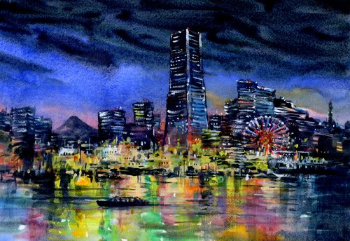 水彩画　横浜みなとみらい夜景３