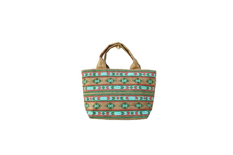 TITICACA Burlap zip up handbag with colorful AZTEC screen printed, Hippie bag - Handbags & Totes - Plants & Flowers Multicolor