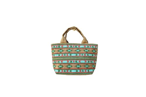 puremorningvintage TITICACA Burlap zip up handbag with colorful AZTEC screen printed, Hippie bag