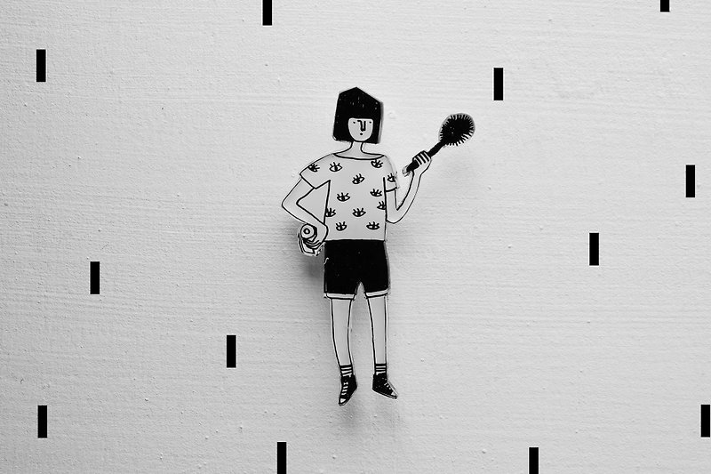Miss Hairy Collection / Black and White Brooch / #016 - Brooches - Acrylic Black