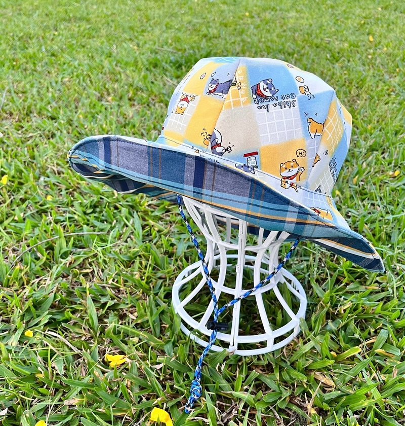 Love handmade double-sided bucket hat-yellow and blue checkered Shiba Inu - หมวก - ผ้าฝ้าย/ผ้าลินิน หลากหลายสี