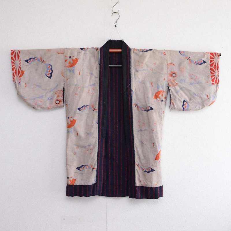 和服夾克農民工作服靛藍染色蝴蝶圖案棉質和服條紋圖案日本複古昭 - 女大衣/外套 - 棉．麻 多色