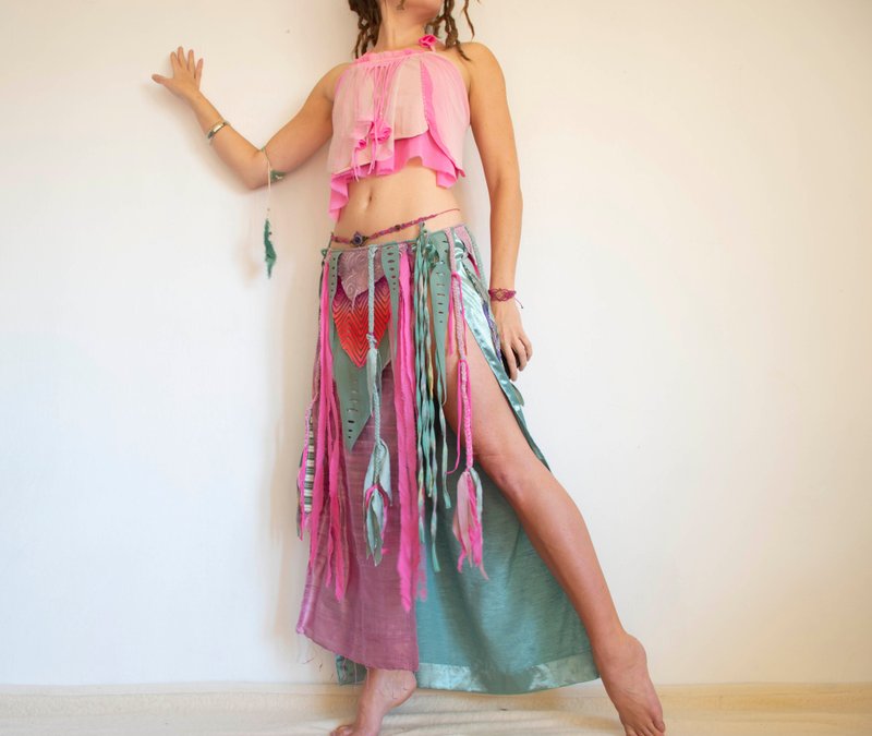 ピンクとグリーンの可愛いスプリットスカート、ファンタジーフェスティバルのコスチューム - スカート - その他の素材 ピンク