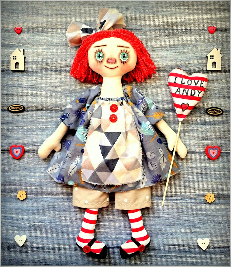 Fabric doll Annie Primitive handmade Raggedy Doll,stuffed cloth doll,art textile - 公仔/玩偶 - 棉．麻 多色