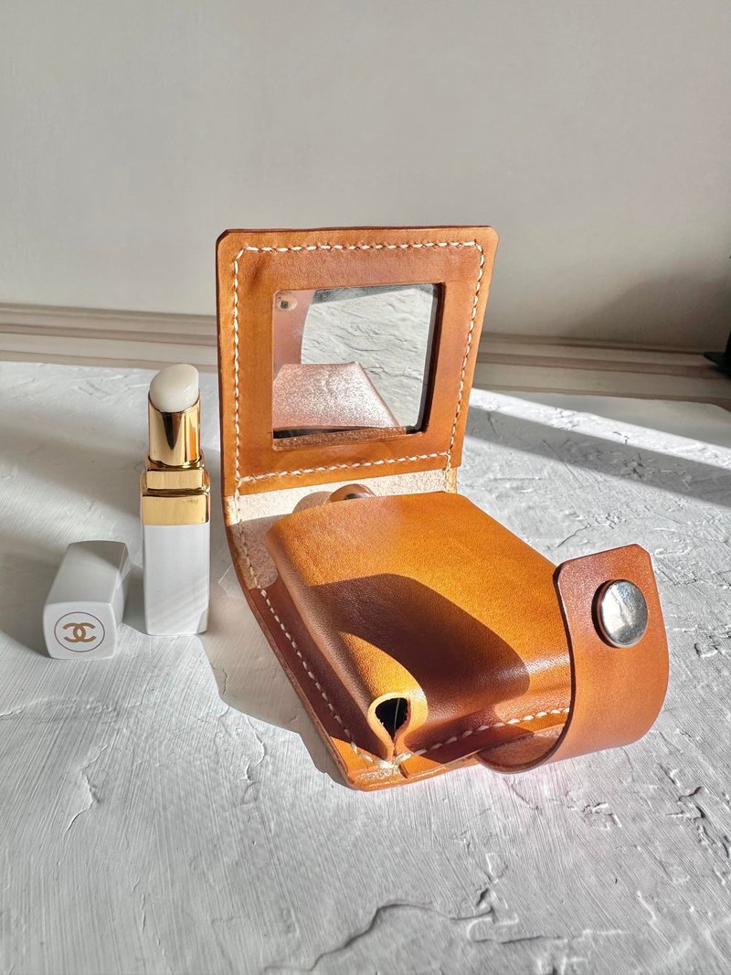 Non-collision bag yellow brown vegetable tanned leather full leather lipstick box/lipstick bag/lipstick storage with built-in mirror - Toiletry Bags & Pouches - Genuine Leather Orange