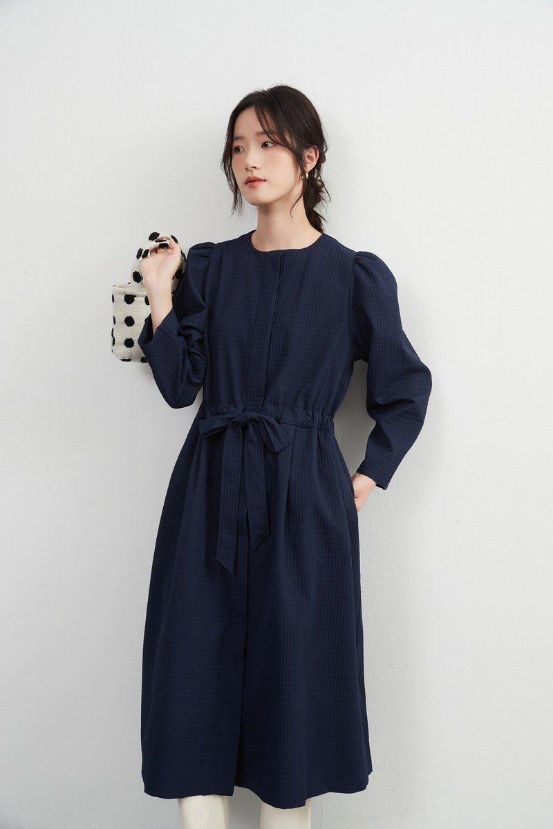 Ribbon belt dress-style jacket, long sleeve outerwear, dress that can be worn over other clothes, three-dimensional lattice material - One Piece Dresses - Polyester 