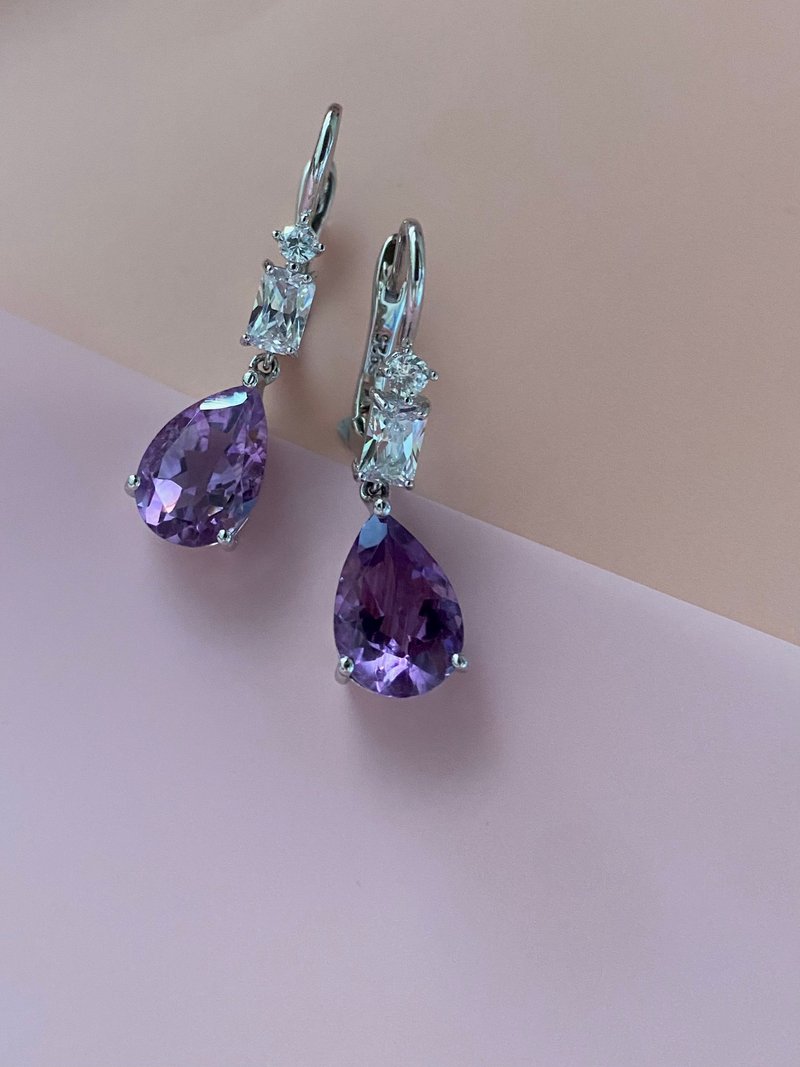 Amethyst Earrings/ White Gold Plated 925 Sterling Sliver/ Cubic Zirconia - Earrings & Clip-ons - Sterling Silver Purple