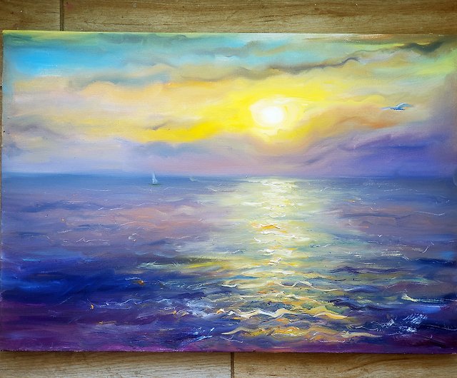 海に沈む夕日、キャンバスに描かれた海景油絵、オリジナルのアート 