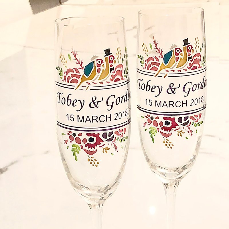 無鉛水晶玻璃香檳杯刻字禮品組 | 結婚禮物、週年禮物 | 鸚鵡 - 酒杯/酒器 - 玻璃 多色