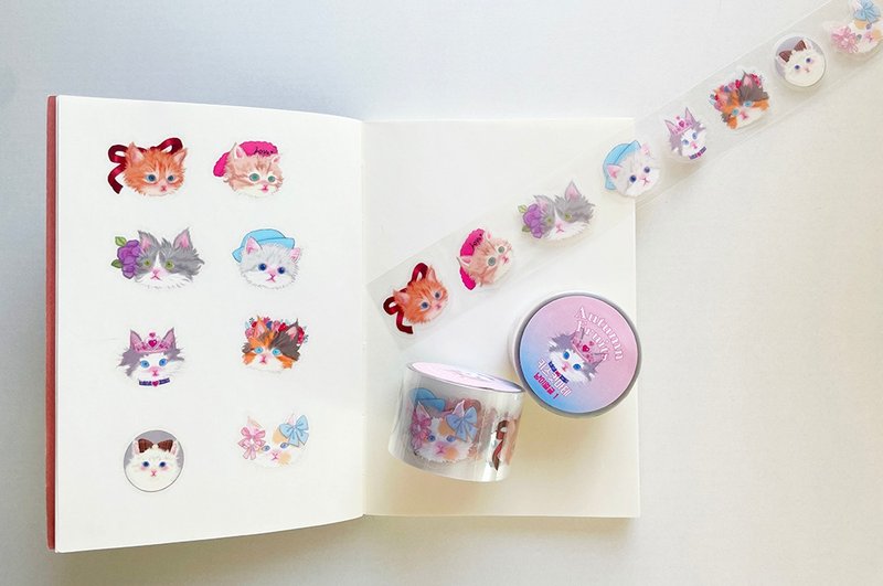 Cat illust Kisscut Masking Tape - 紙膠帶/和紙/PET - 紙 多色