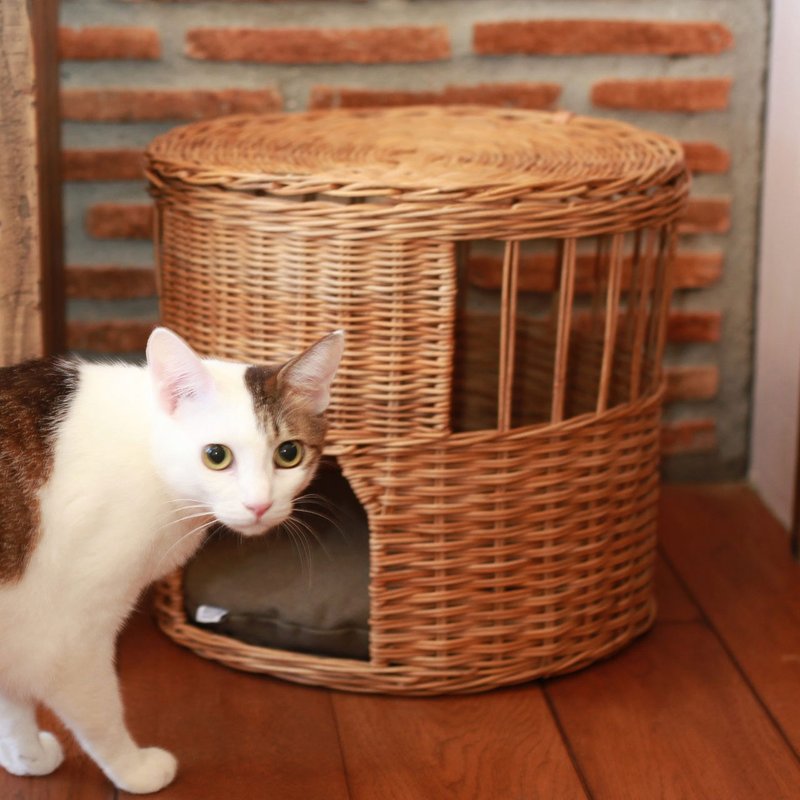 POST GENERAL GROOM rattan round cat house - Bedding & Cages - Wood Brown