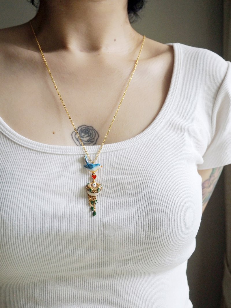 Mother Bird Necklace Lariat Y Necklaces - 項鍊 - 其他金屬 藍色