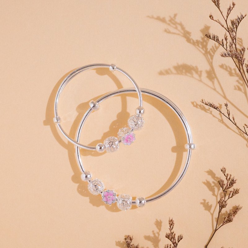 999 sterling silver pink flower parent-child bracelet, full-month gift, children's bracelet, one-year gift, adult bracelet - Bracelets - Sterling Silver Silver