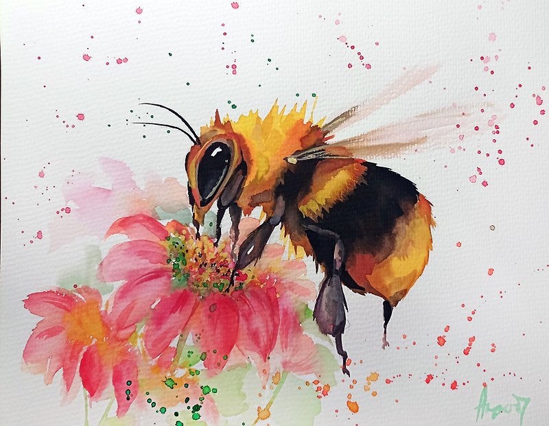 Watercolor original bee room decor bumblebee painting art by Anne Gorywine - ตกแต่งผนัง - กระดาษ ขาว