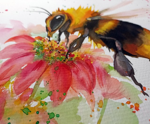 Watercolor original bumblebee room decor bee painting art by Anne