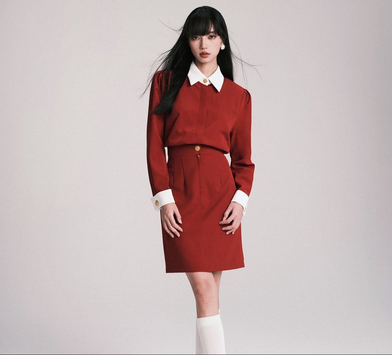 French retro girl modern shirt collar waist dress/dress - ชุดเดรส - เส้นใยสังเคราะห์ สีแดง