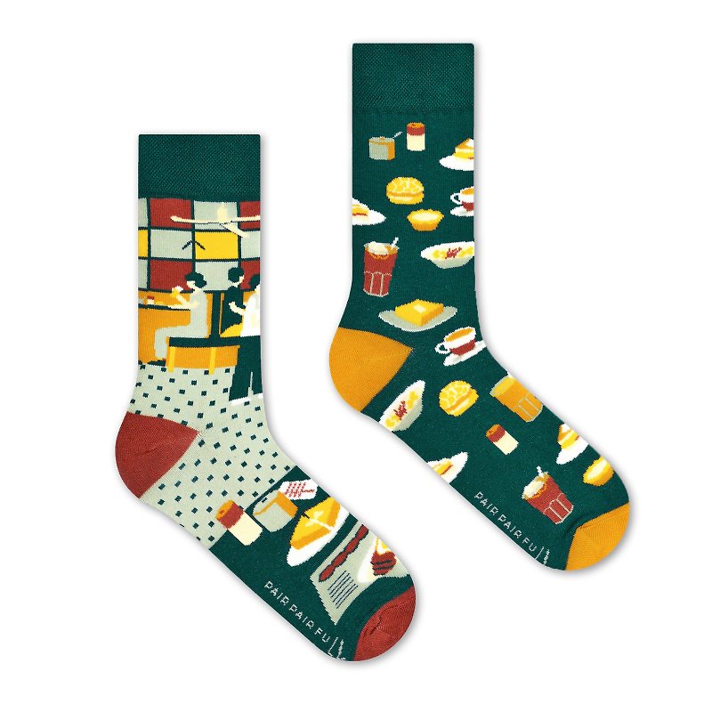 【Hong Kong Foodie】Cha Chaan Teng Mismatched Adult Crew Socks - ถุงเท้า - ผ้าฝ้าย/ผ้าลินิน สีเขียว