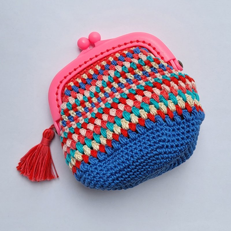 Handmade crochet kiss lock bag - กระเป๋าใส่เหรียญ - ผ้าฝ้าย/ผ้าลินิน สึชมพู