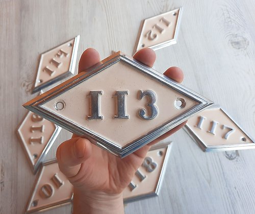 RetroRussia Metal rhomb address number sign 113 - beige silver door number plaque vintage