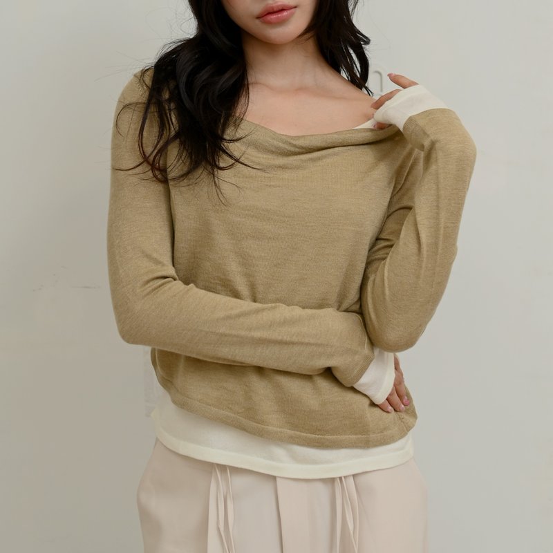 假拼領假2件-絲光羊毛領-姜黃色 - 女上衣/長袖上衣 - 聚酯纖維 黃色