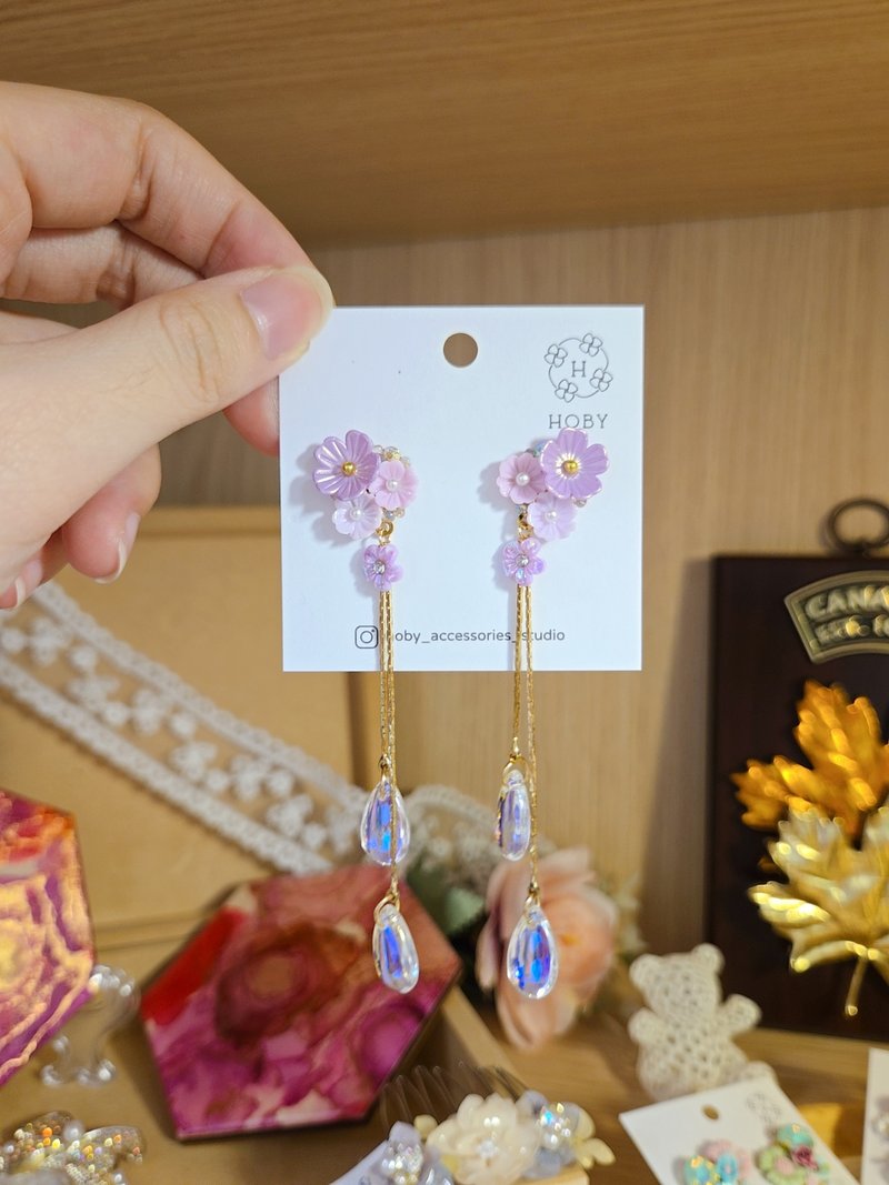 初戀櫻花 耳環/耳釘/耳夾 原創 手作 - 耳環/耳夾/耳骨夾 - 不鏽鋼 紫色