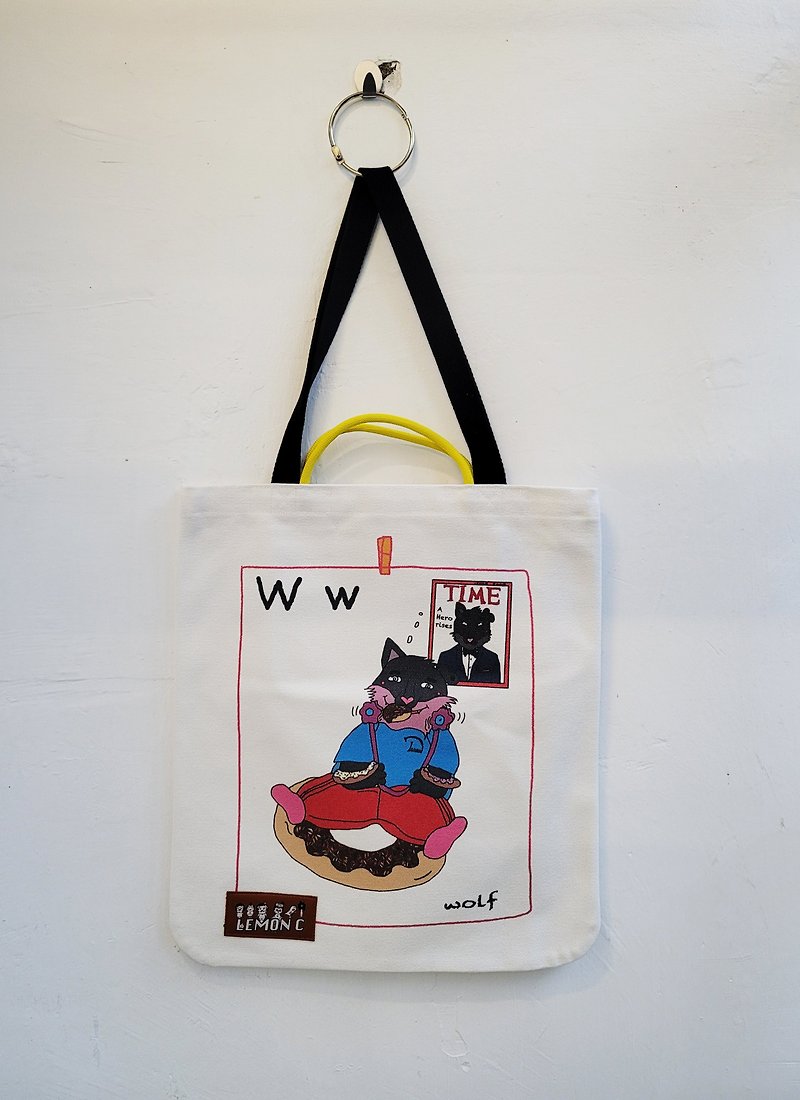 W FOR Wolf TOTE BAG - กระเป๋าถือ - ผ้าฝ้าย/ผ้าลินิน ขาว