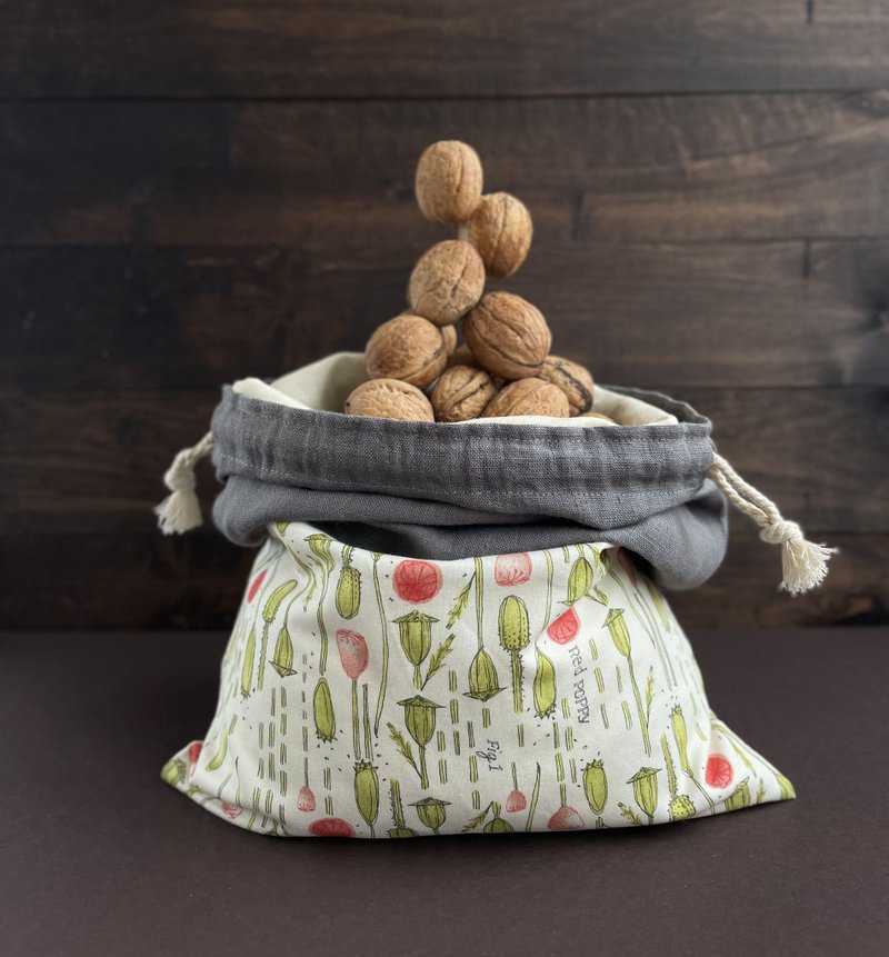 Reusable Drawstring Linen Floral Bread bag, Bread Storage, Gift for Mom - 調味罐/醬料罐 - 亞麻 灰色