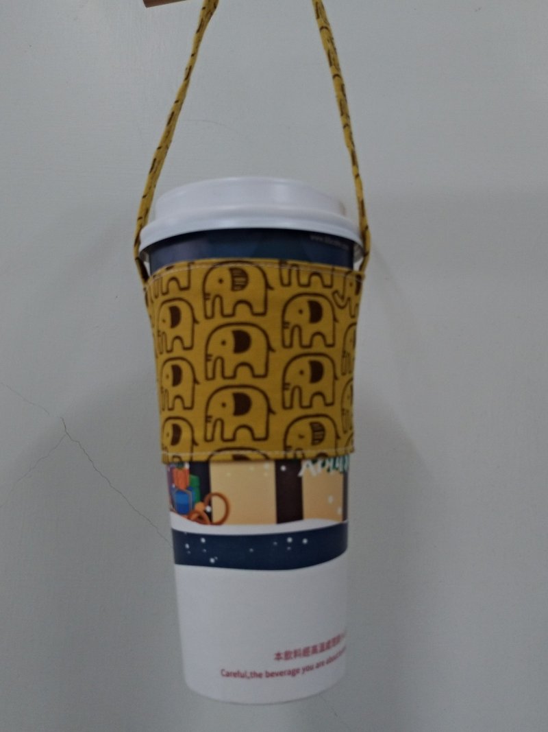 Drink Cup Set Eco Cup Set Hand Drink Bag Coffee Bag Tote Bag - Elephant (Earth) - ถุงใส่กระติกนำ้ - ผ้าฝ้าย/ผ้าลินิน 