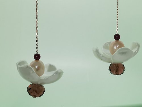 Athena珍珠設計 蓮花天然巴洛克珍珠石榴石流蘇耳線耳環