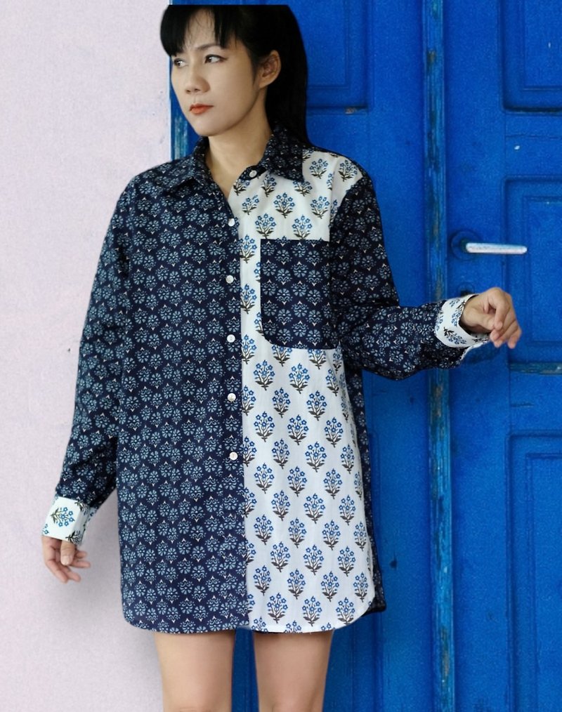 Chaya Shirt (Indian Hand Block Print fabric)- White and Navy - 恤衫 - 棉．麻 藍色