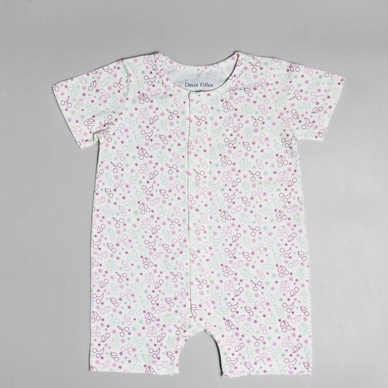 [Deux Filles organic cotton] Baby short-sleeved front button jumpsuit/newborn onesies cherry - Onesies - Cotton & Hemp 