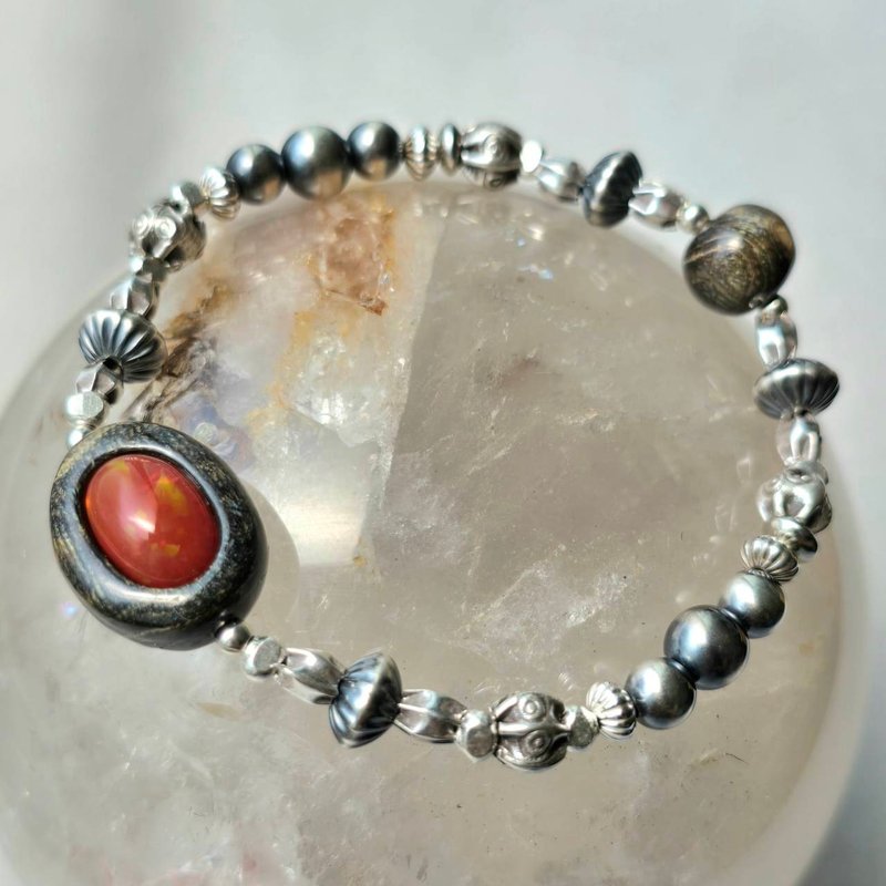 Iridescent Coral Fire Opal and Silver Bead Bracelet - Bracelets - Gemstone Red