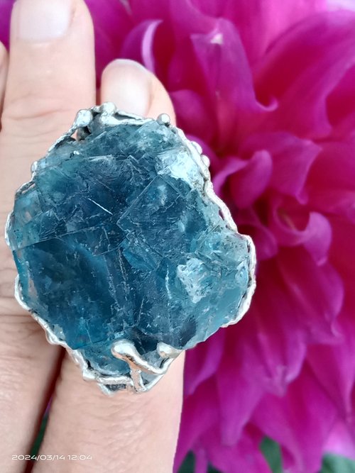 寶藏石光 / Light of Treasure Stone 螢石原礦手工銀戒 純銀戒指~ ** 海 **~ Fluorite Silver Ring