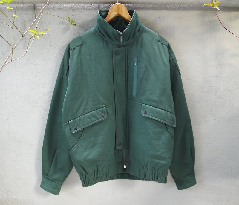 FOAK vintage Outdoor collar plain green Windbreaker - เสื้อแจ็คเก็ต - ผ้าฝ้าย/ผ้าลินิน สีเขียว