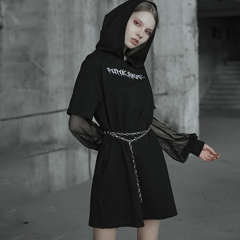 Punk Grid Waist Woo Hat Dress - Women's T-Shirts - Other Materials Black