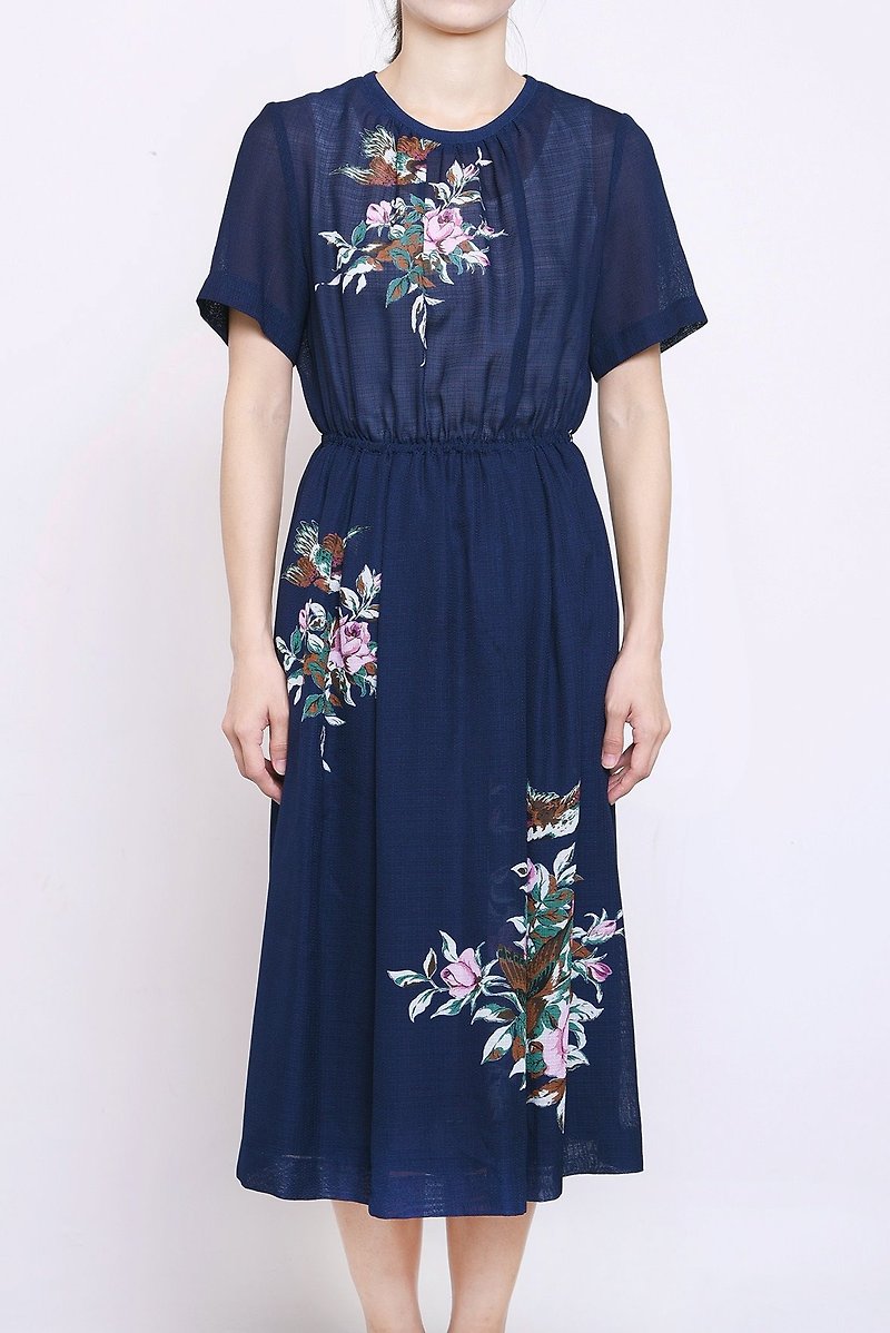 Vintage dress Large flower Japanese vintage dress - ชุดเดรส - เส้นใยสังเคราะห์ สีน้ำเงิน