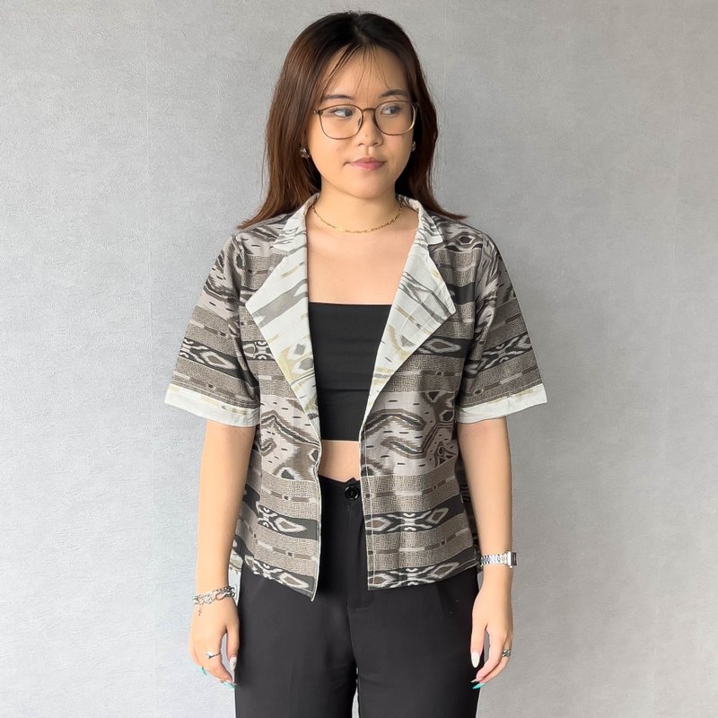 SAVA Batik Short Sleeve Blazer Top - Gray - SAV001 - Women's Tops - Cotton & Hemp Gray